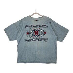 Vtg SUN BELT DENIM Shirt Plus 100% Cotton Light Wash Folk Art Floral Graphic Tee